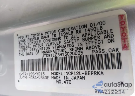 2000 Toyota Echo z USA, uszkodzony, nr VIN JTDBT1239Y5020095